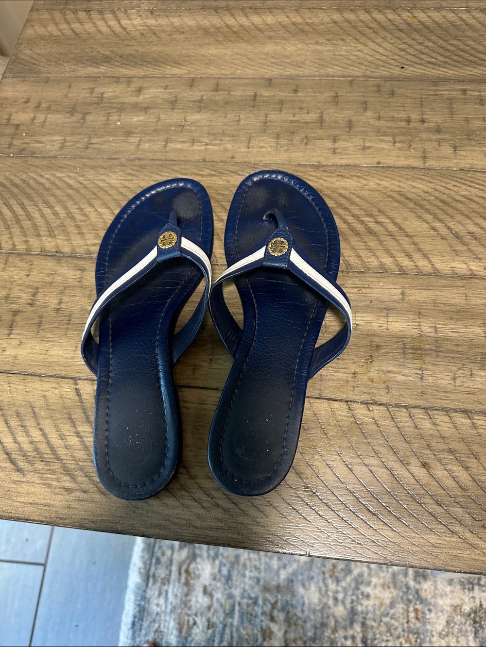 Navy Leather Flip Flop Sandals with White Trim